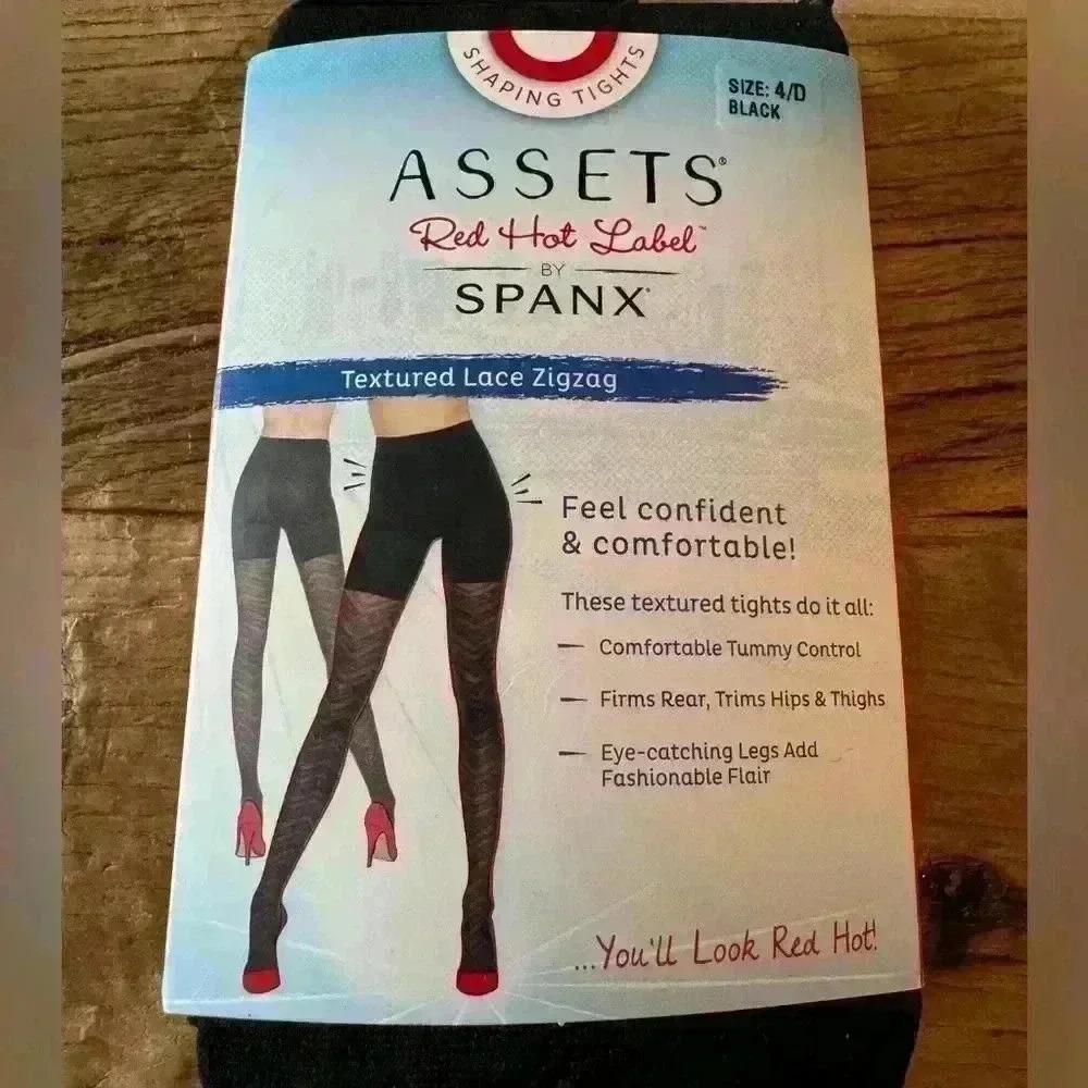 Spanx Assets Red Hot Label Textured Lace Zigzag Shaping Tights ~ Black ~4/D~NEW!